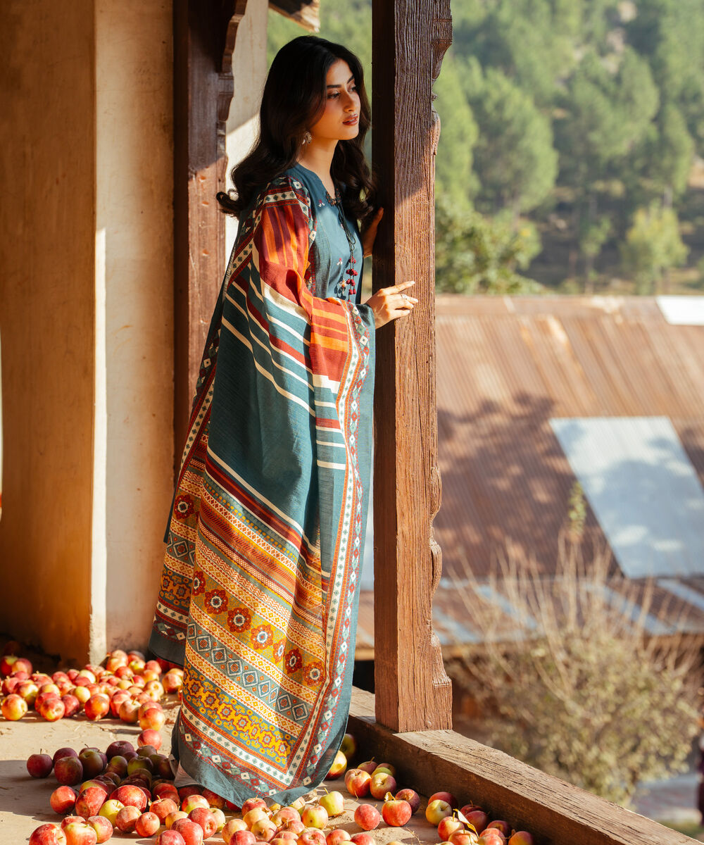 Women's Unstitched Embroidered Cross Hatch Teal Green 3 Piece Suit