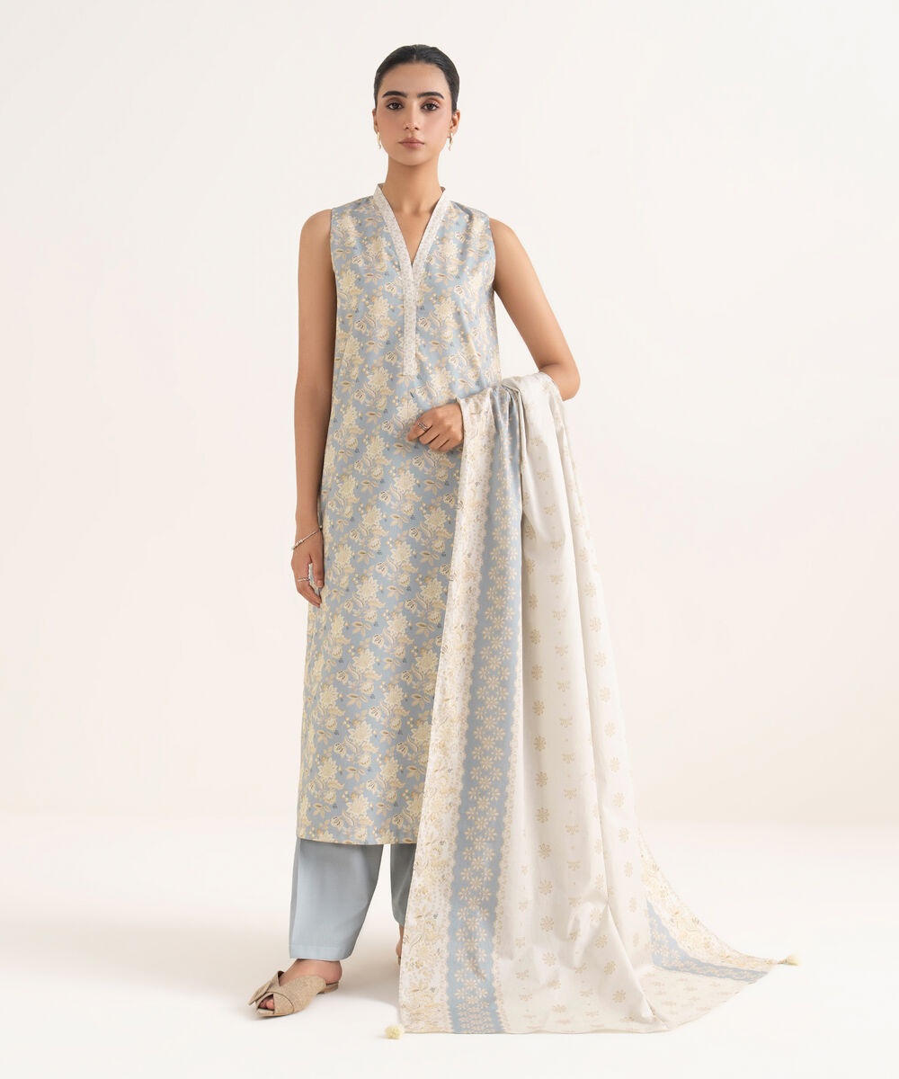 Women's Unstitched Cotton Printed Multi Three Piece Suit