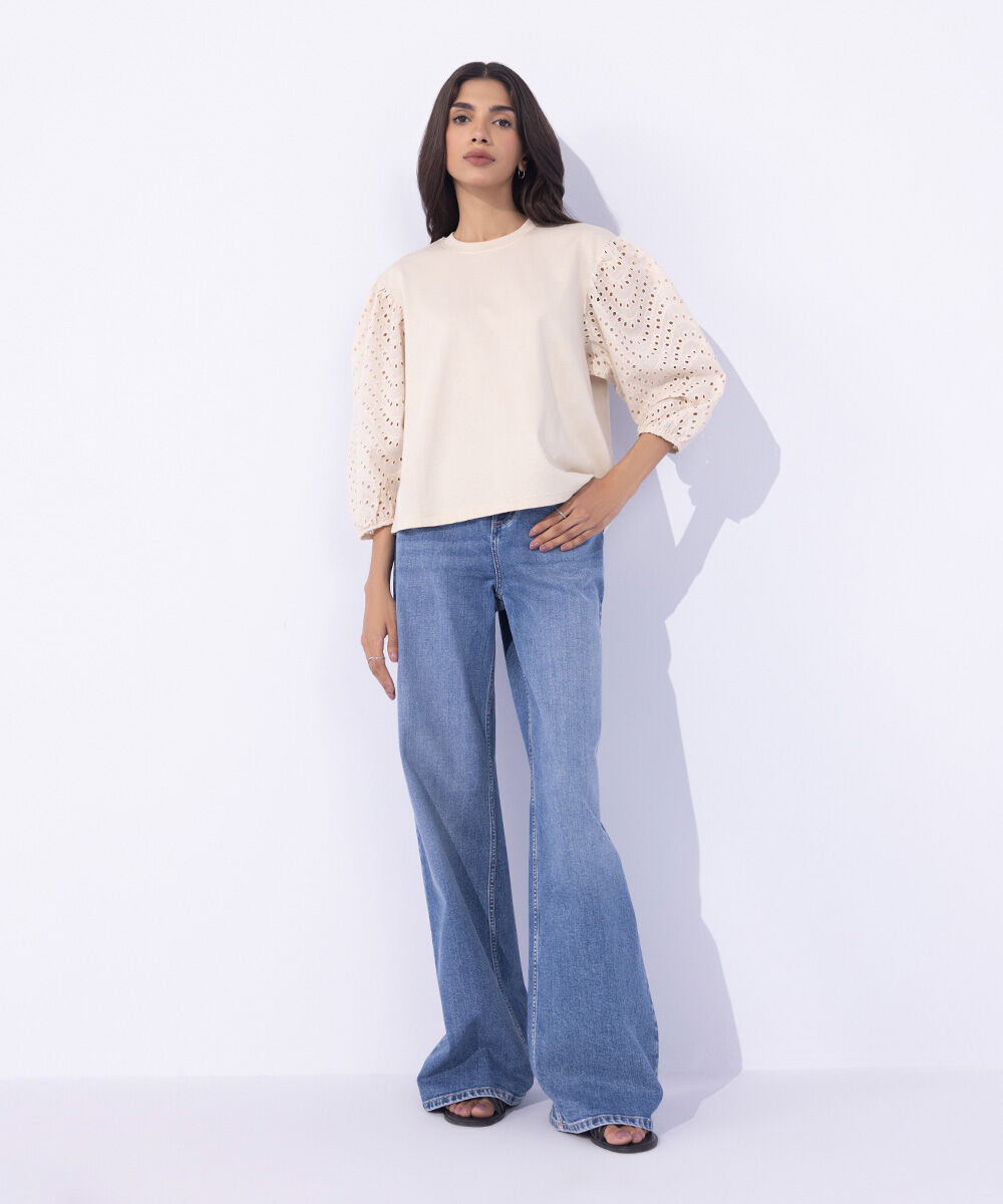 Women's Western Wear Beige T-Shirt With Woven Embroidered Sleeves