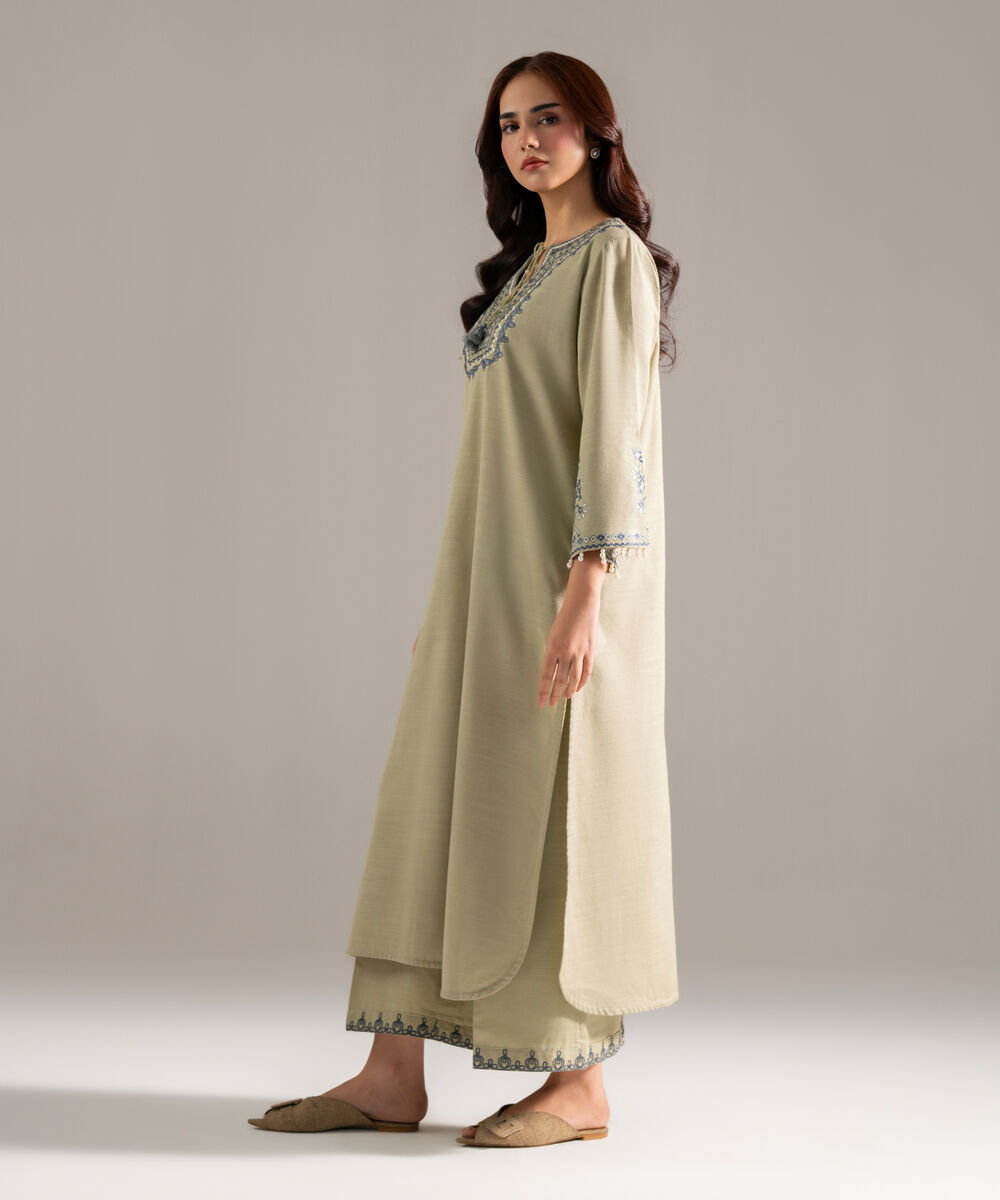 Women's RTW Khaddar Solid Embroidered Green A-Line Shirt