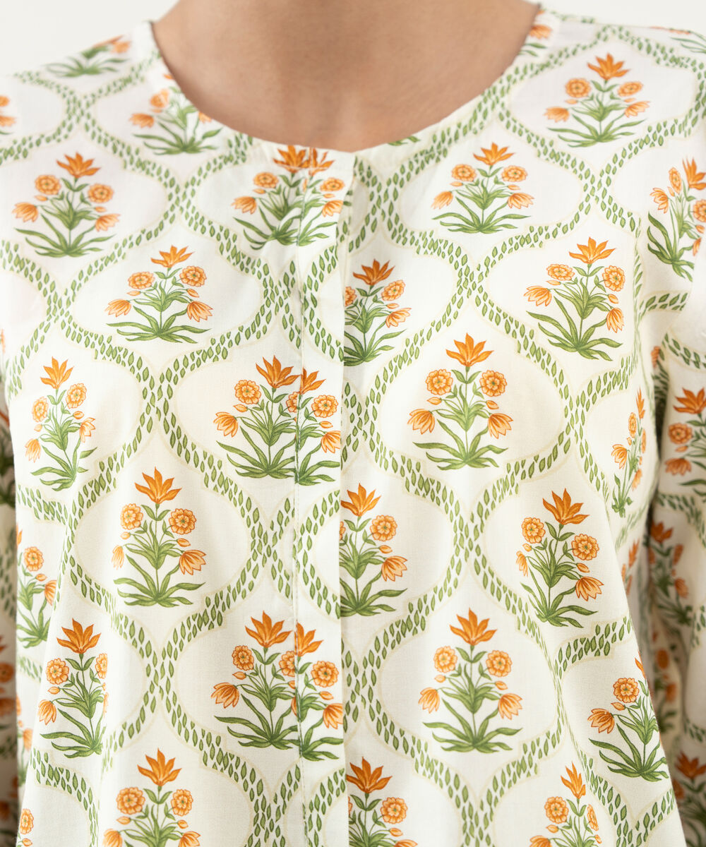 Women's RTW Cambric Printed Off White Straight Shirt