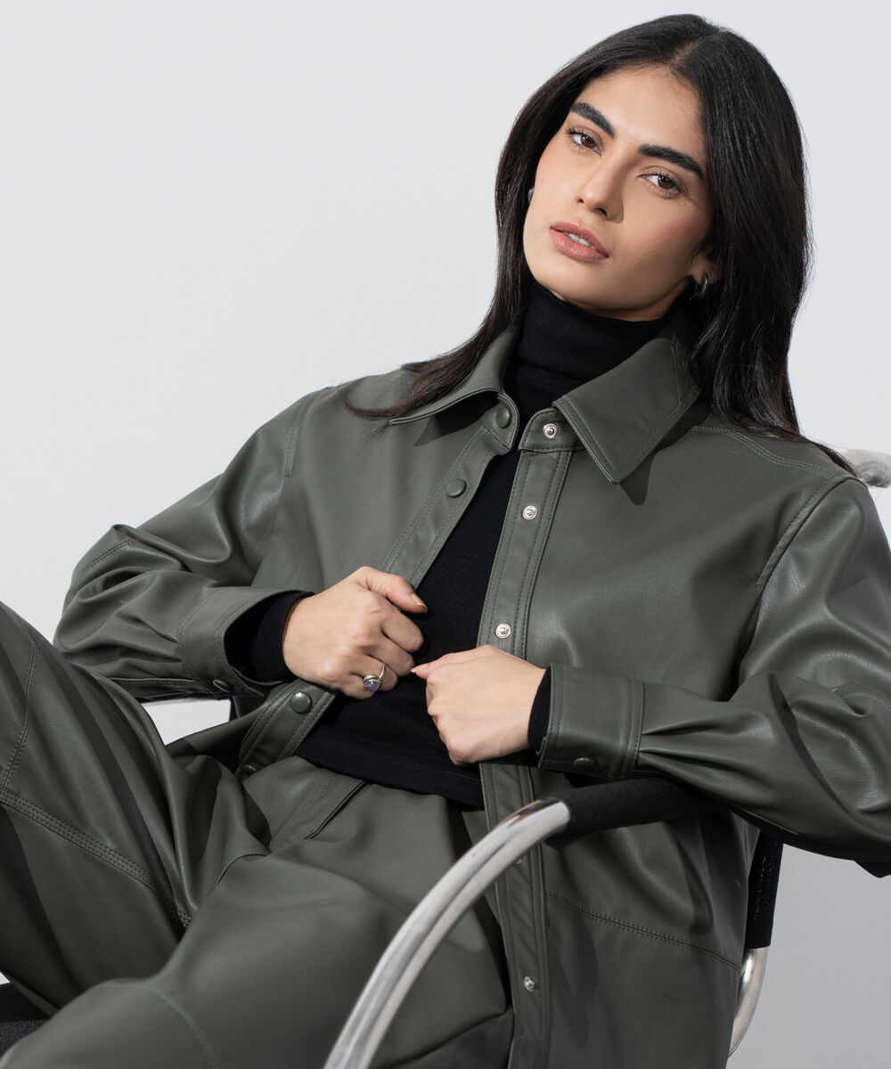 Women's Western Wear Olive Green Loose-Fit Faux Leather Shirt