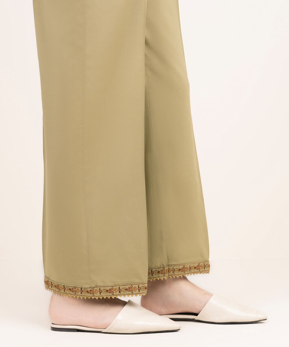 Women's RTW Cotton Viscose Embroidered Beige Straight Pants
