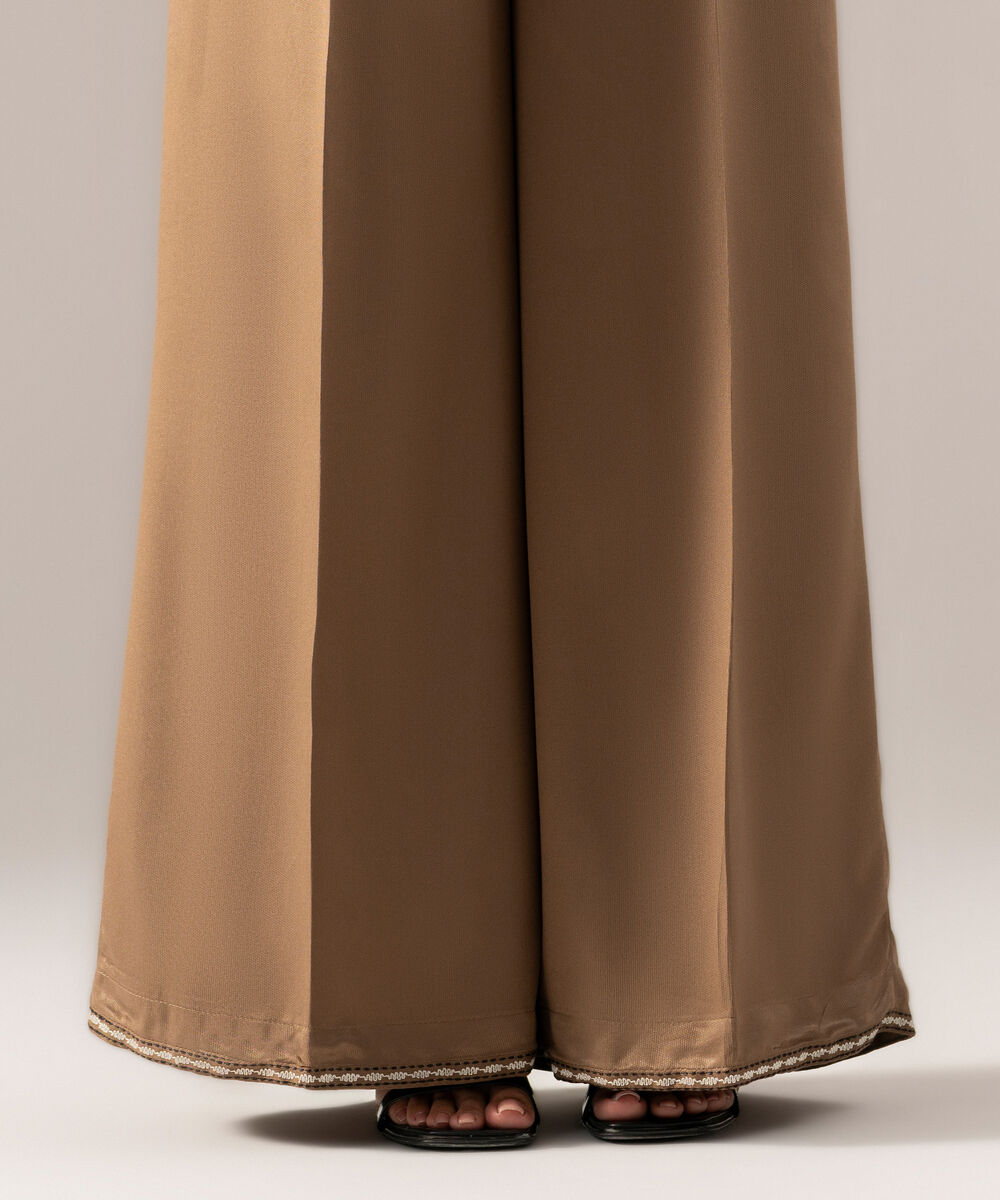 Women's RTW Solid Embroidered Dark Beige Bedford Flared Pants