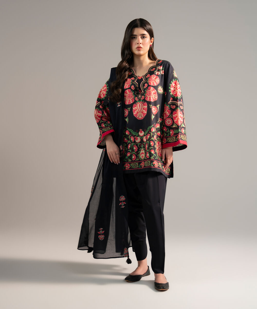 Women's RTW Lawn Printed Black 3 Piece Suit