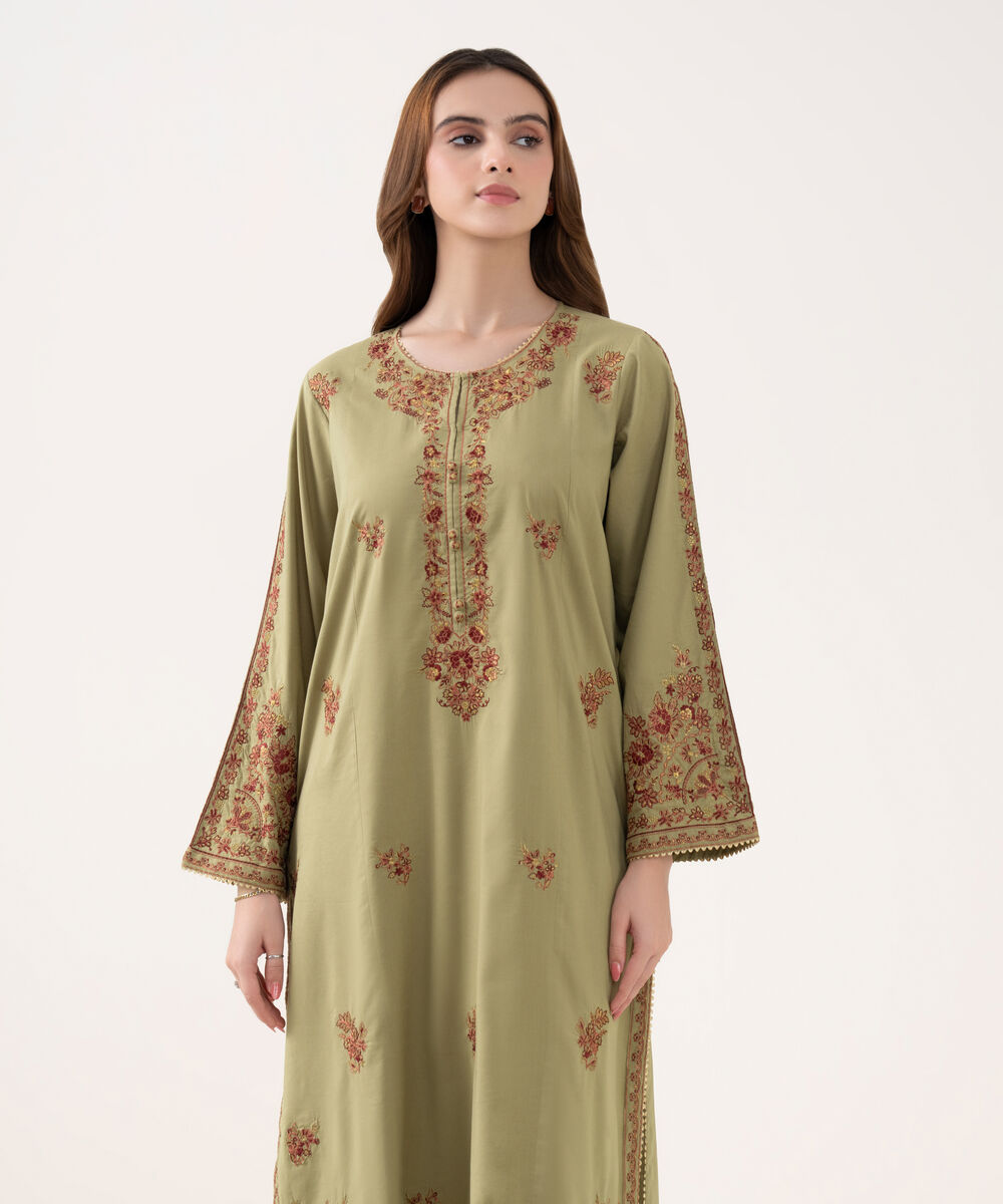 Women's RTW Cotton Viscose Embroidered Green A-Line Shirt
