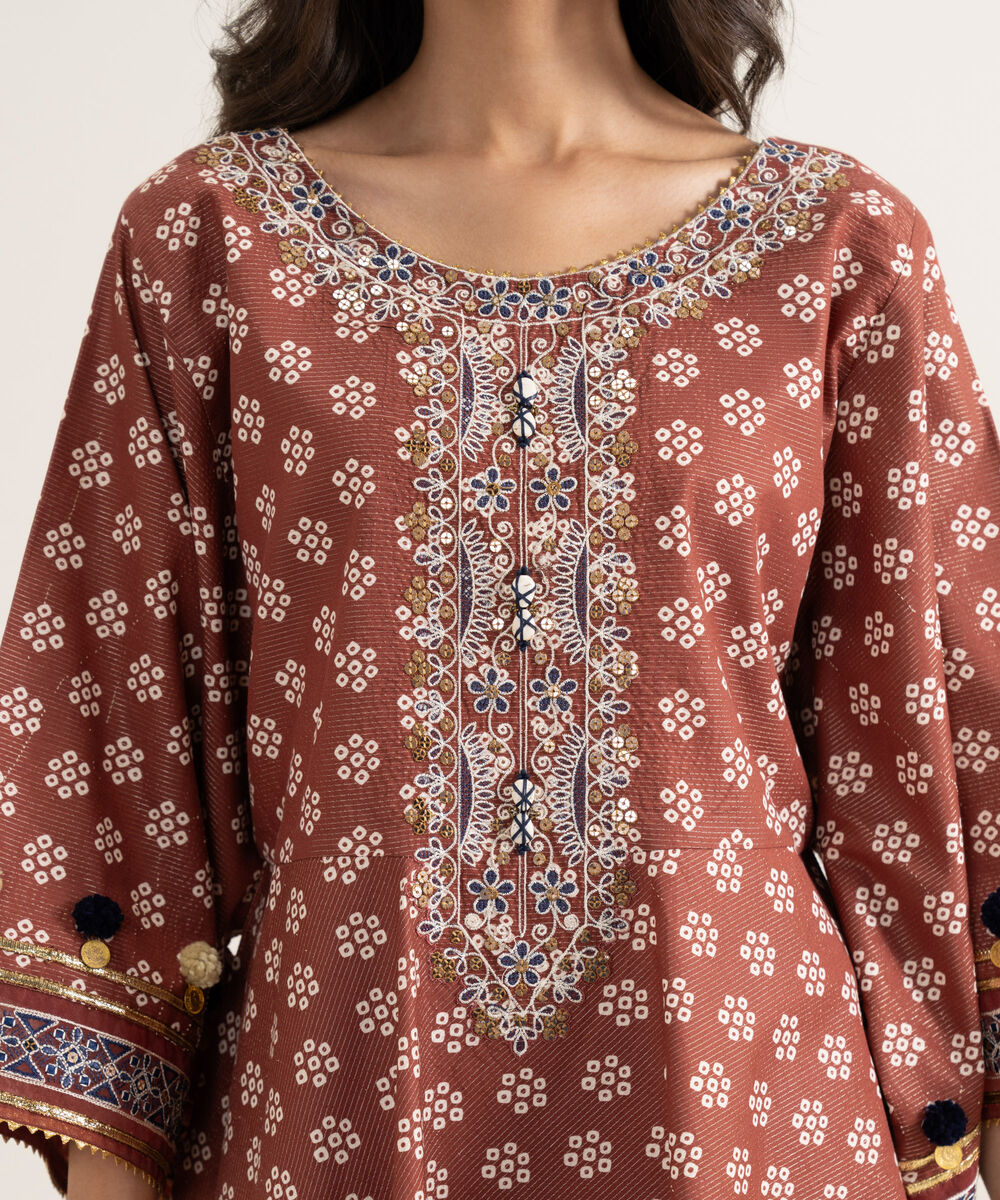 Women's Unstitched Zari Lawn Embroidered Red 3 Piece Suit