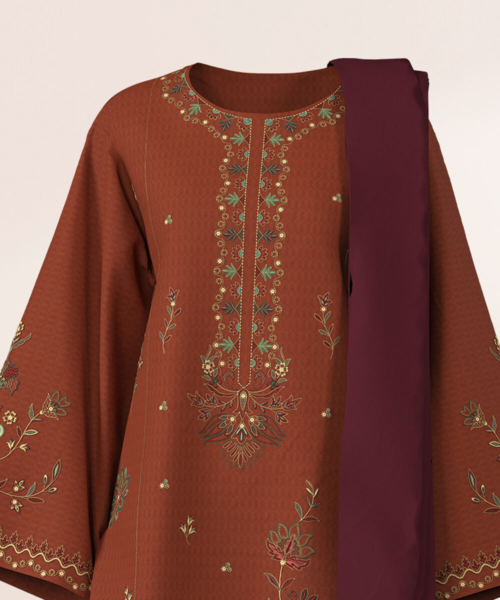 Women's Unstitched Dobby Embroidered Brown 3 Piece Suit