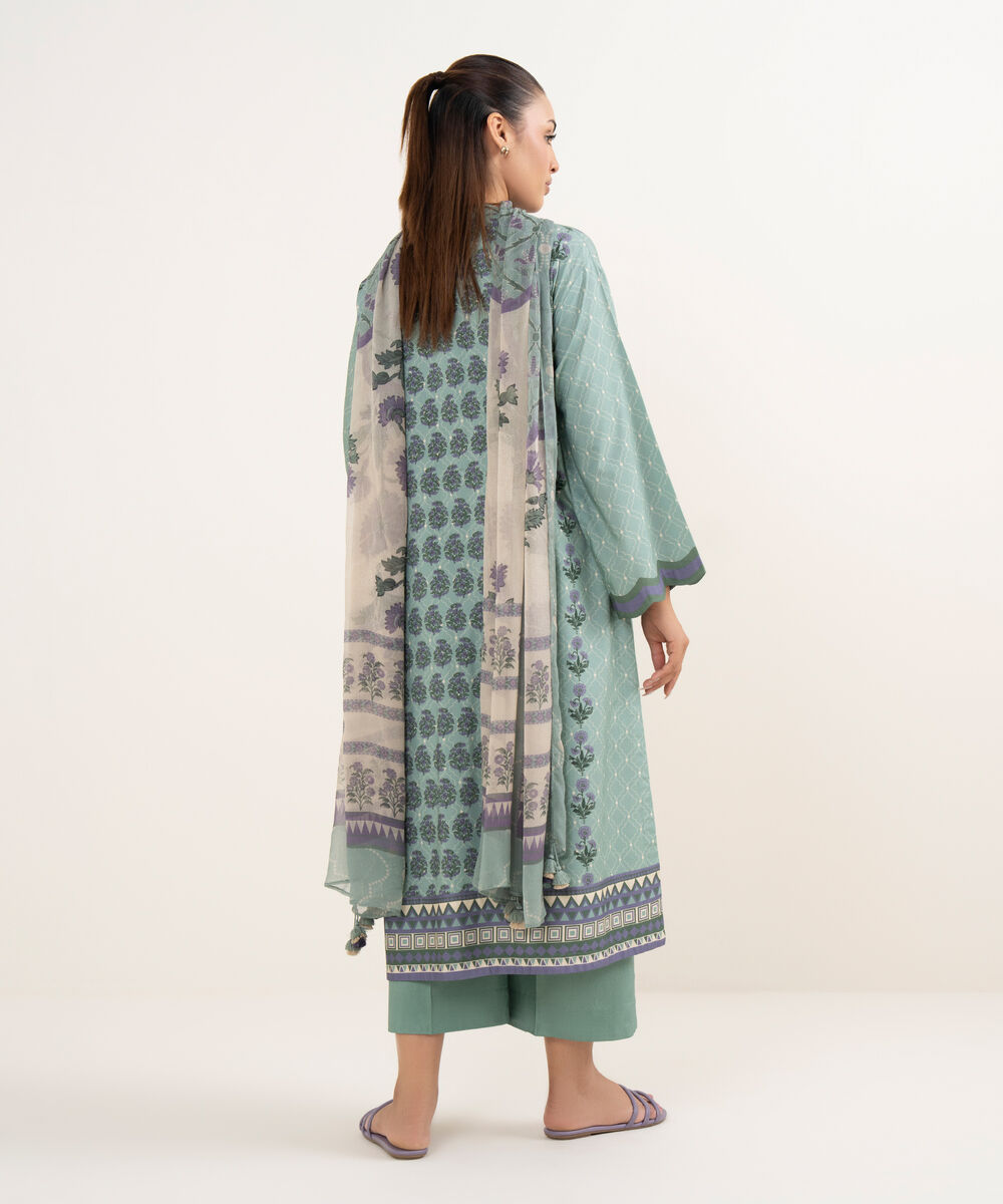 Women's Unstitched Cotton Printed Green Three Piece Suit
