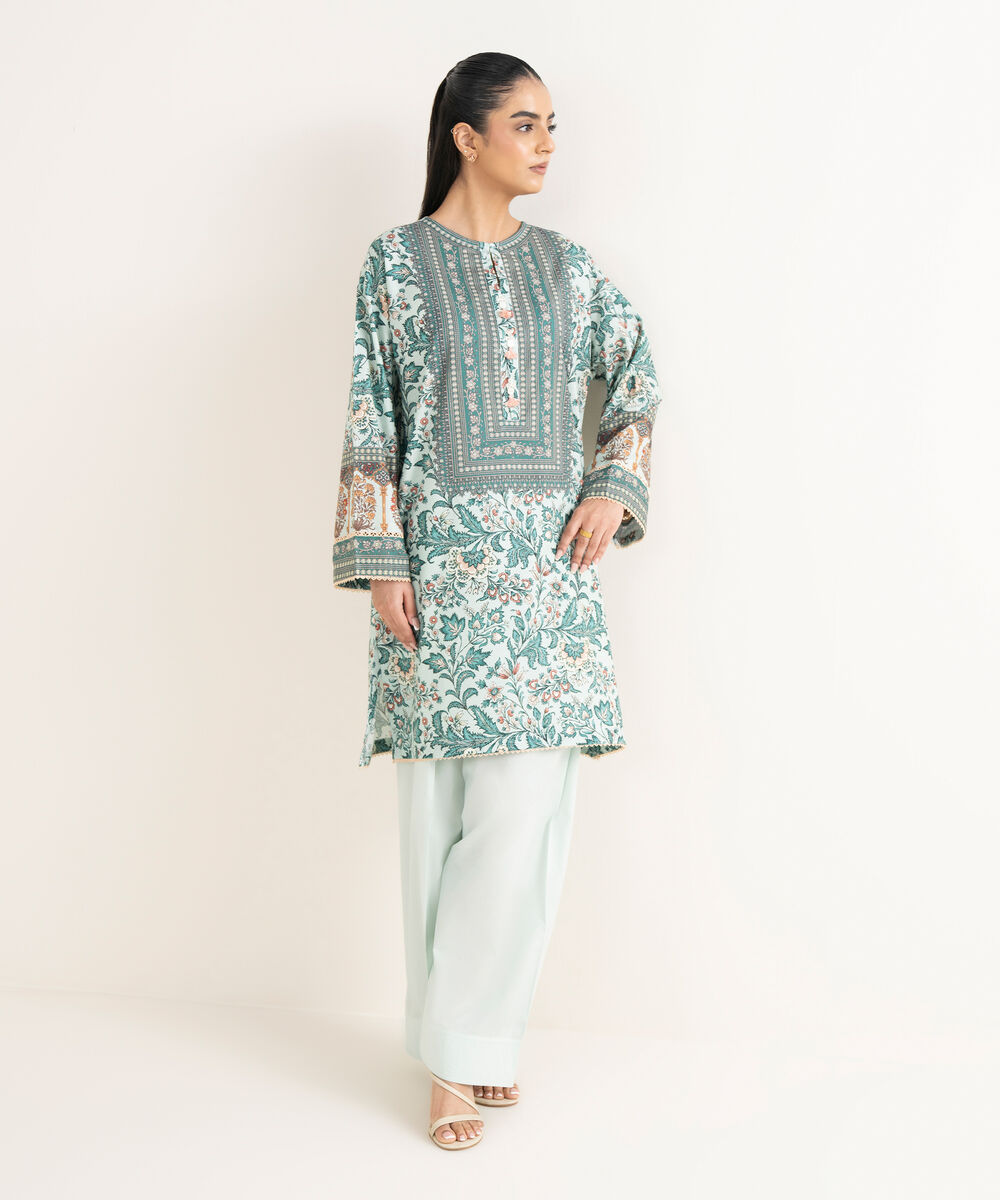 Women's RTW Cambric Printed Drop Shoulder Blue Shirt