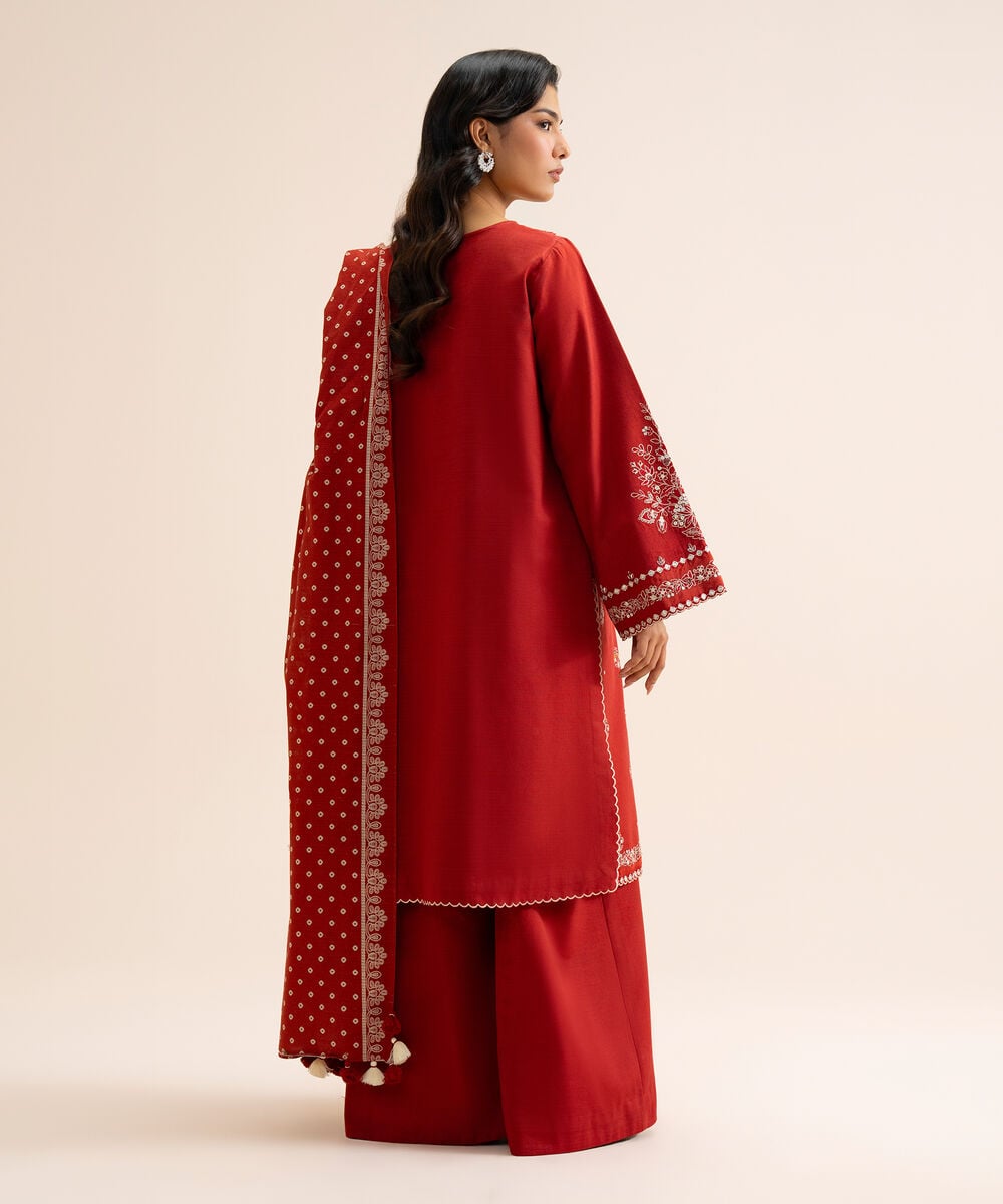 Women's Unstitched Light Khaddar Embroidered Red 3 Piece Suit