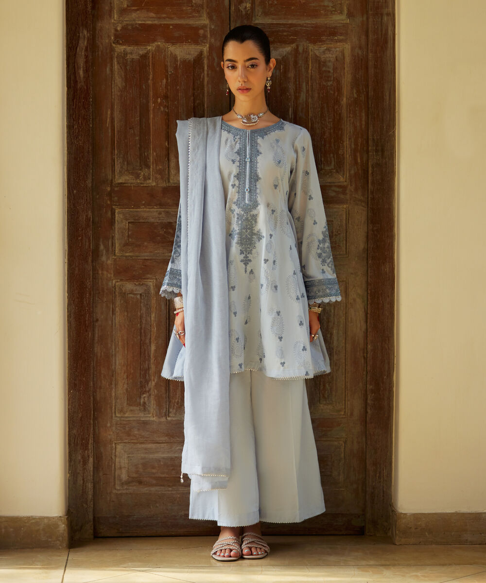 Women's RTW Lawn Embroidered Ice Blue 3 Piece Suit