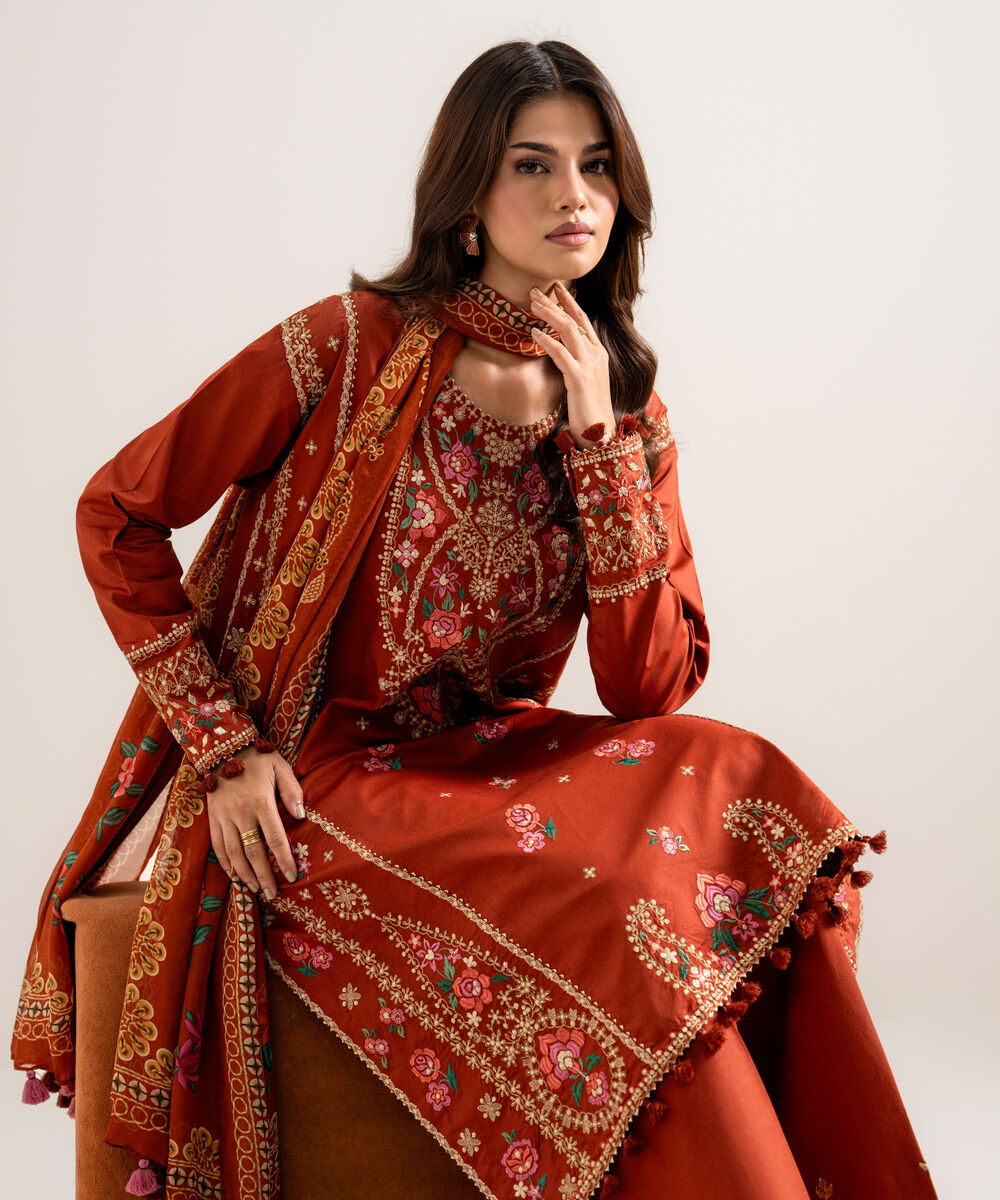 Women's Unstitched Embroidered Cotton Viscose Maroon 3 Piece Suit