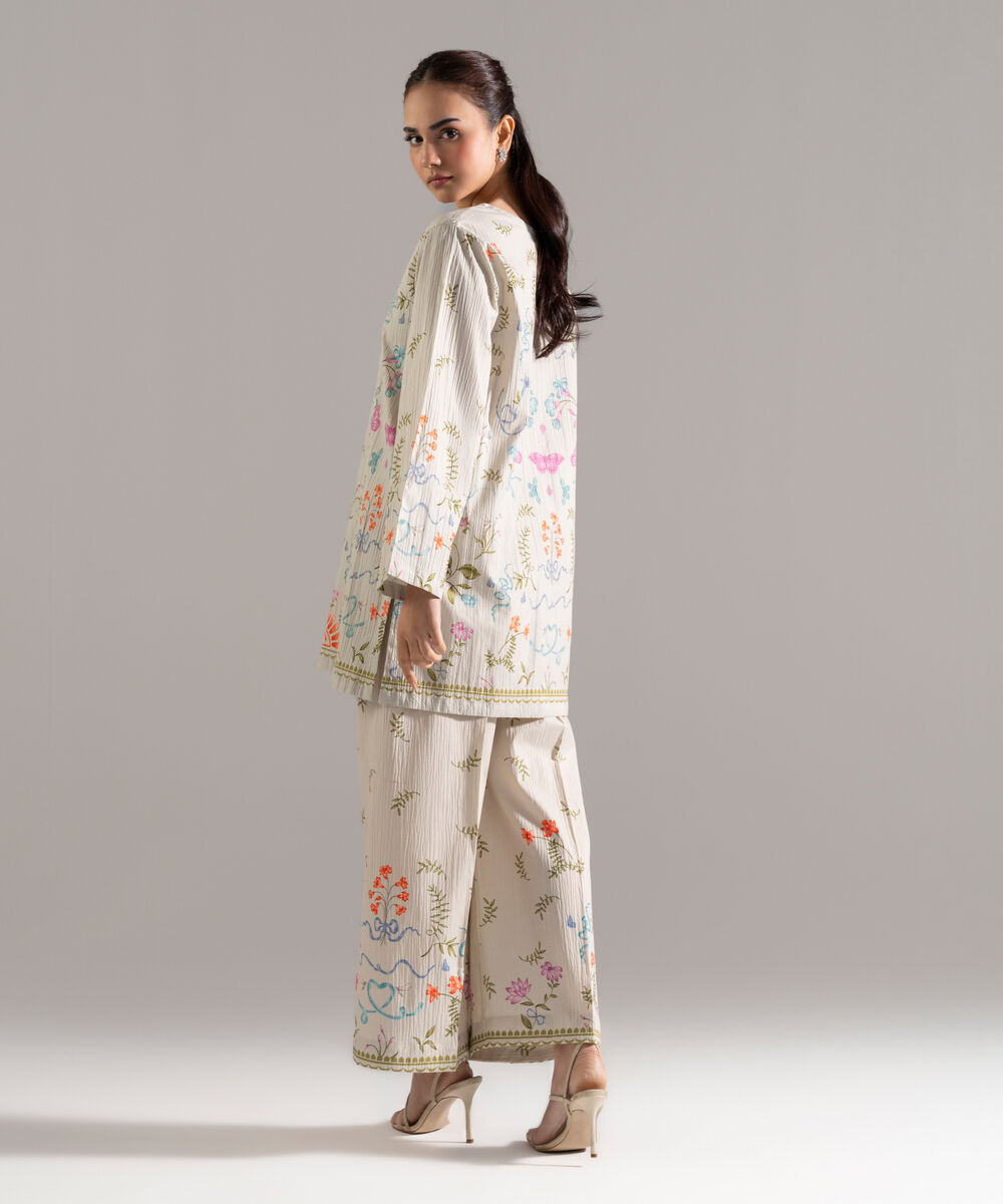 Women's RTW Seersucker Printed Grey 2 Piece Suit