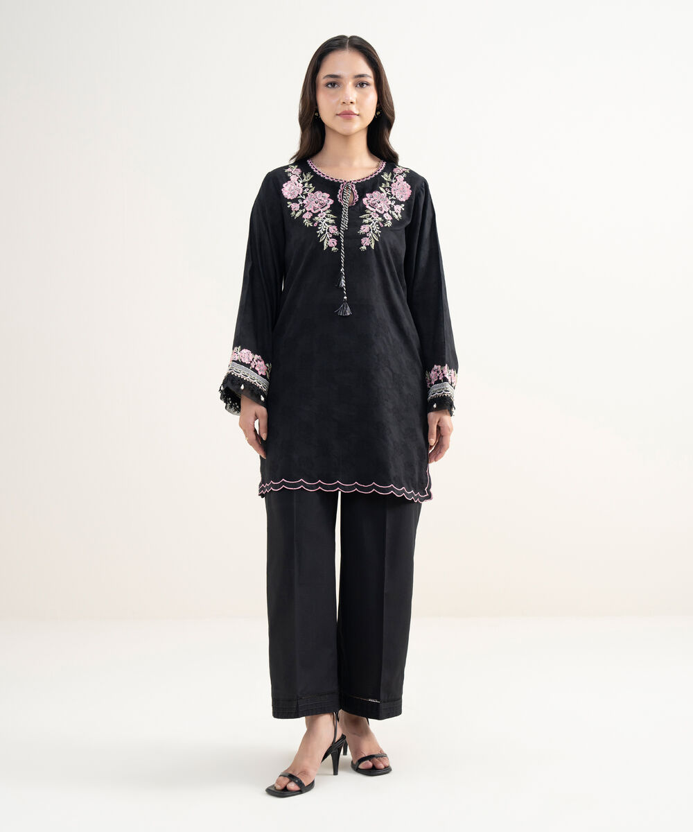 Women's RTW Self Jacquard Embroidered Black Straight Shirt