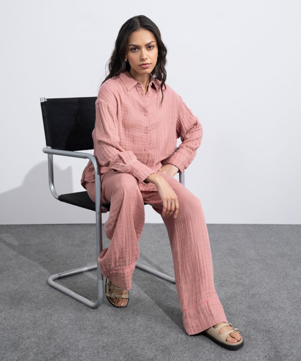 Women's Western Tea-Pink Loose-Fit Cotton Muslin Shirt