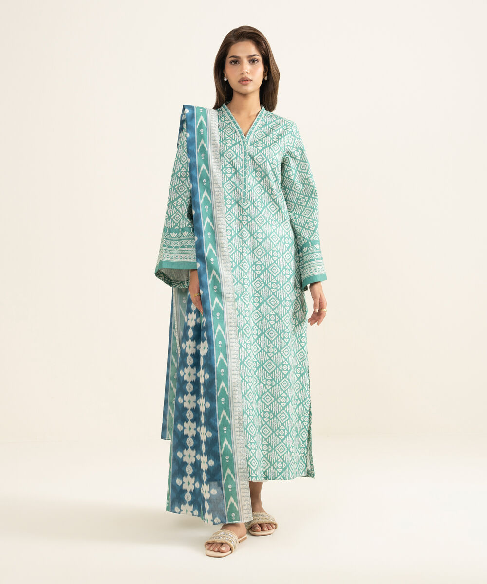 Women's Unstitched Lawn Printed Green 2 Piece Suit