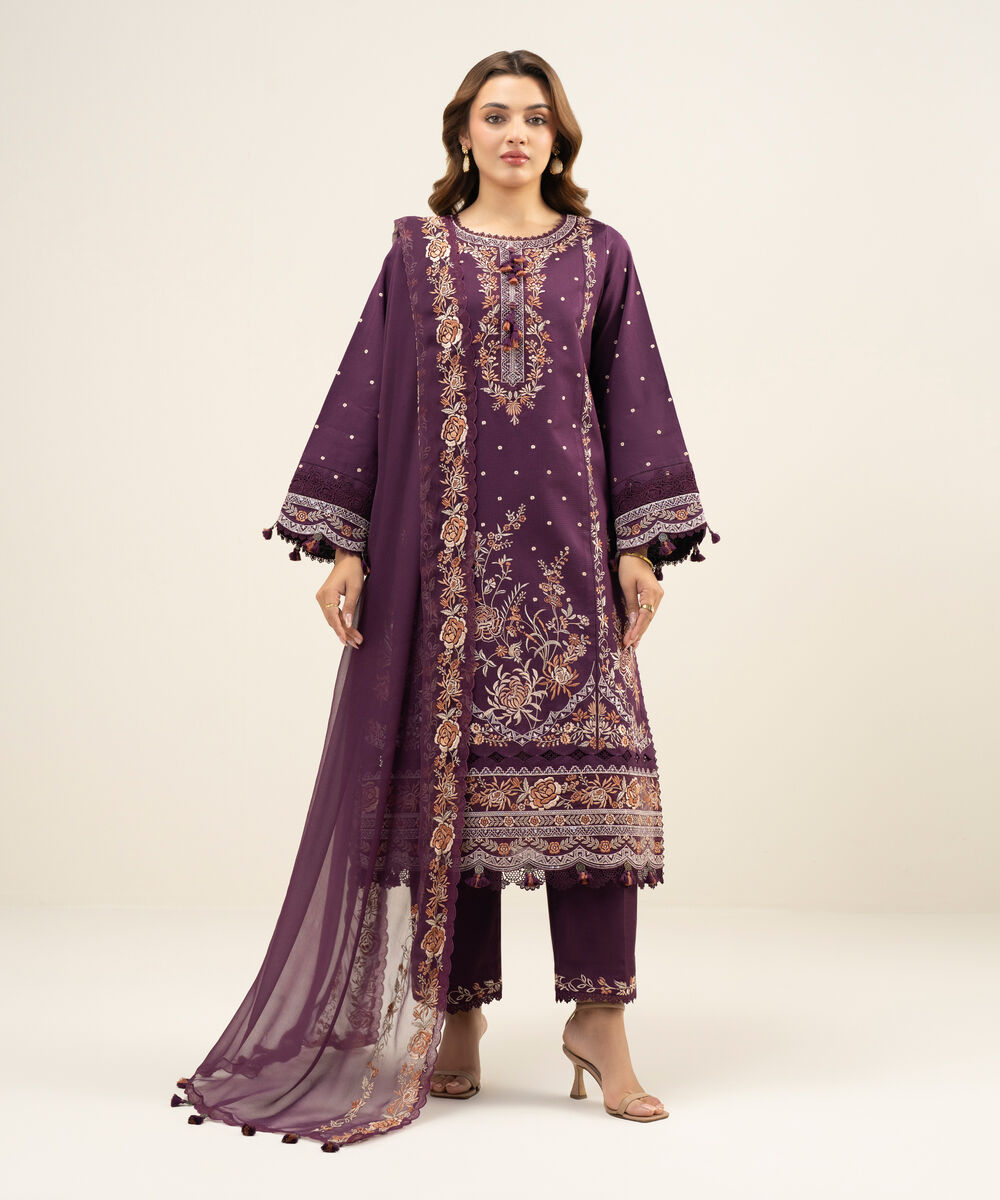 Women's Unstitched Cotton Net Embroidered Purple 3 Piece Suit