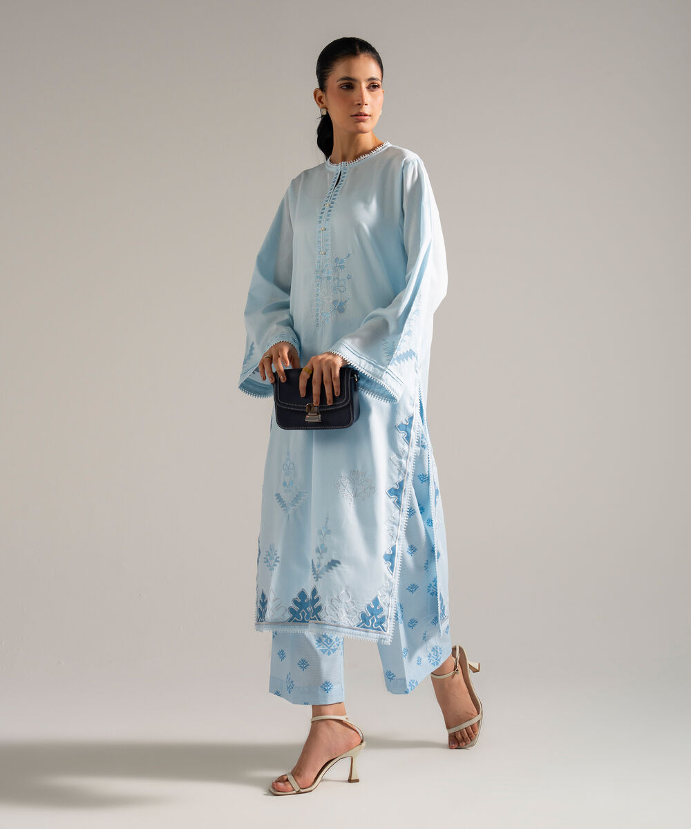 Women's RTW Dobby Embroidered Blue 2 Piece Suit