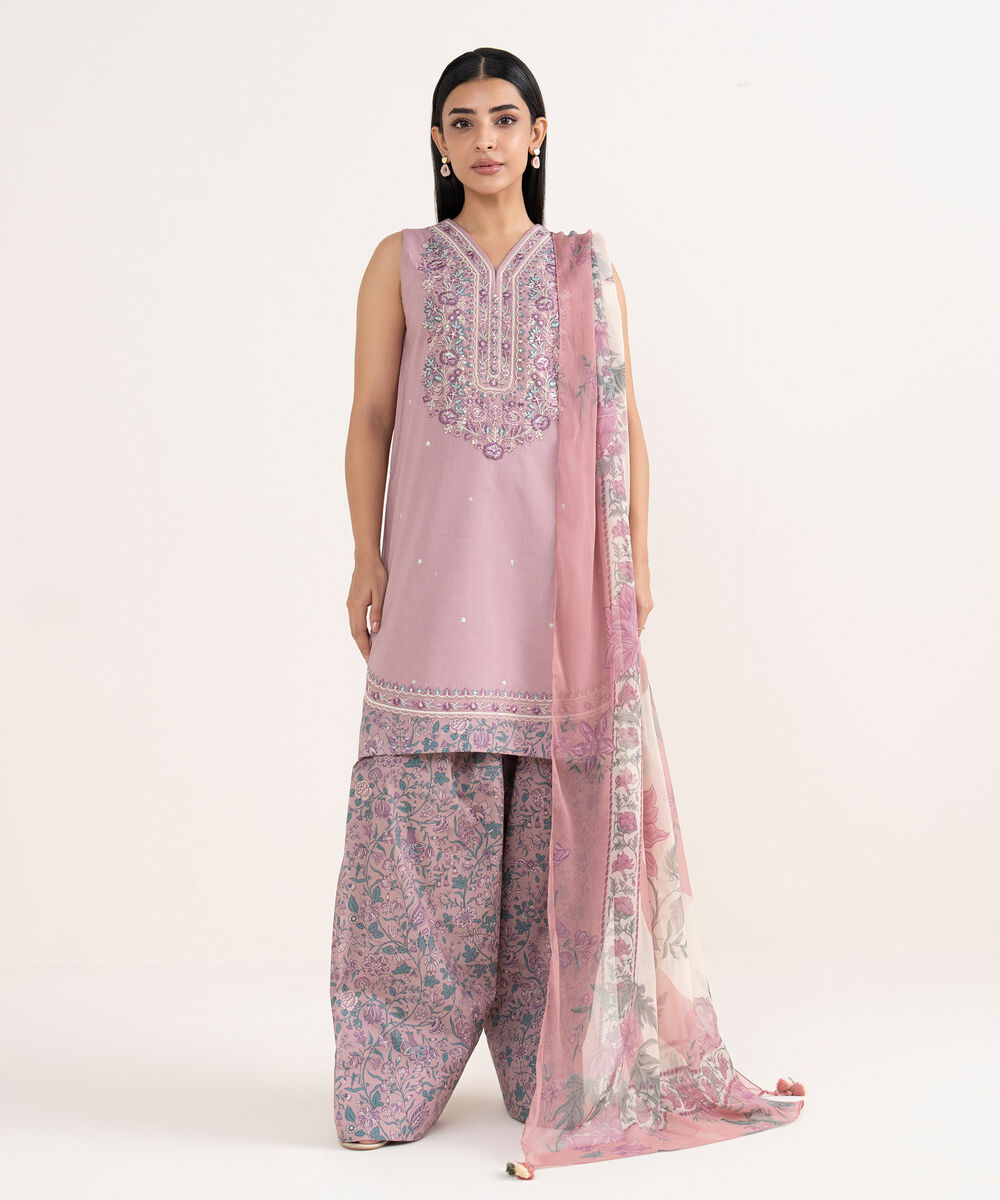 Women's Unstitched Cotton Viscose Embroidered Purple 3 Piece Suit