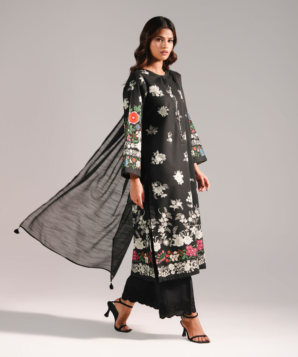 Women's RTW Dobby Printed Black 3 Piece Suit