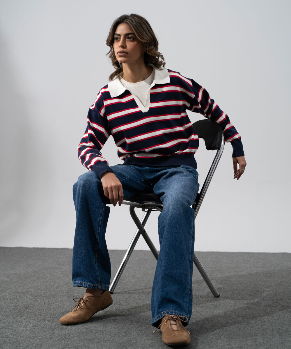 Women's Western Wear Navy Blue And Red Striped Polo Neck Sweater