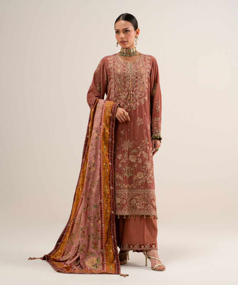 Women's Unstitched Embroidered Velvet Peach 3 Piece Suit