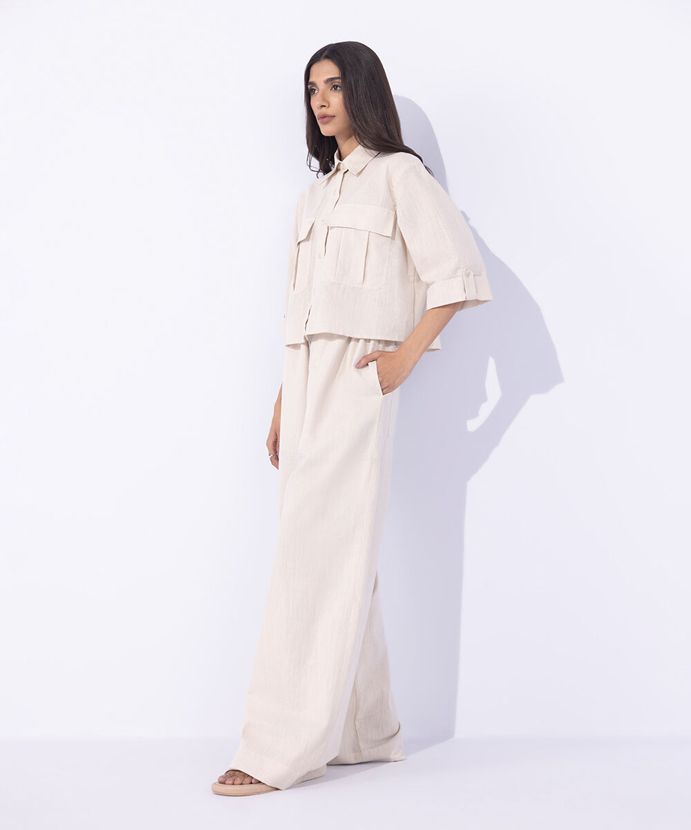 Women's Western Wear Beige  Cropped Linen Blend Shirt With Cargo Pockets