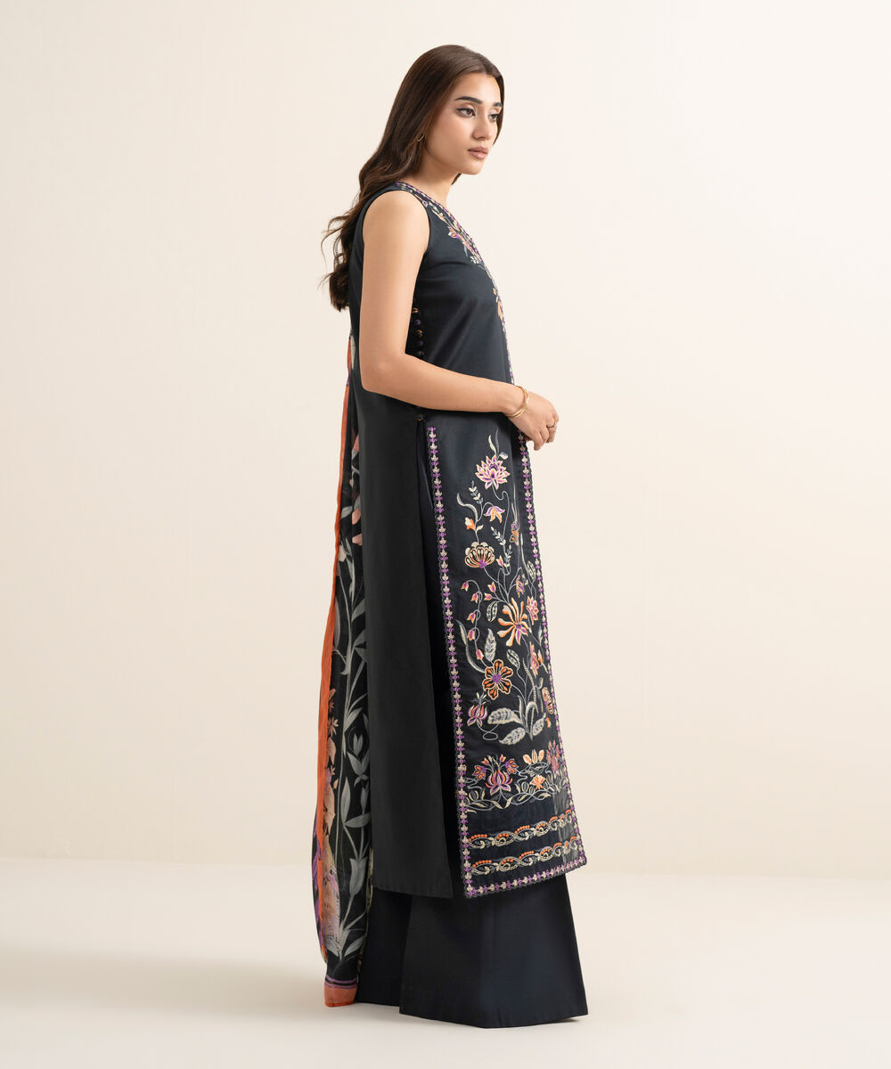 Women's Unstitched Textured Lawn Embroidered Black 3 Piece Suit