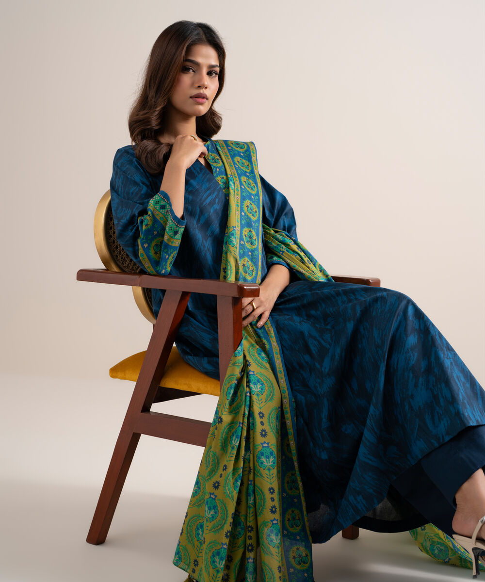 Women's Unstitched Lawn Printed Dark Blue 3 Piece Suit