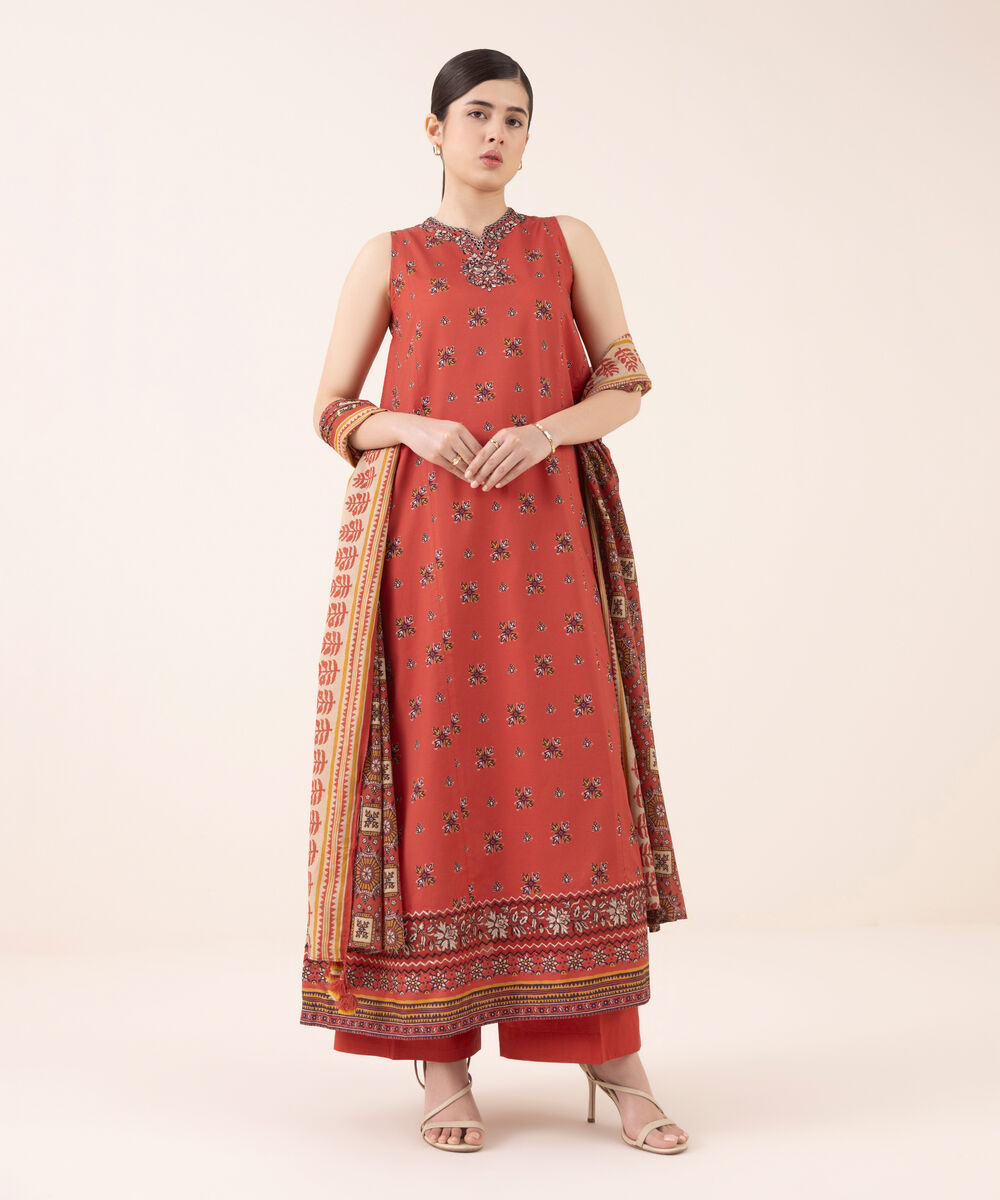 Women's Unstitched Lawn Embroidered Red Three Piece Suit