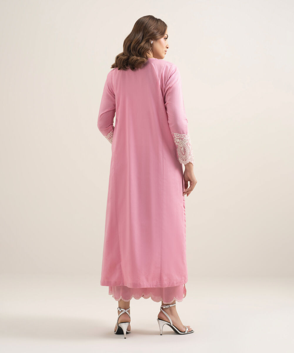 Women's RTW Self Jacquard Embroidered Pink A-Line Shirt