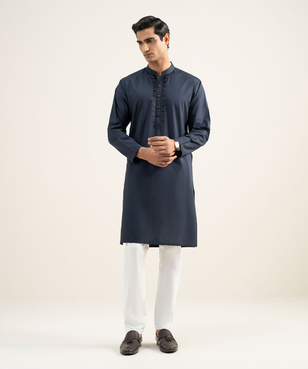 Men's Stitched Cotton Jacquard Indigo Kurta