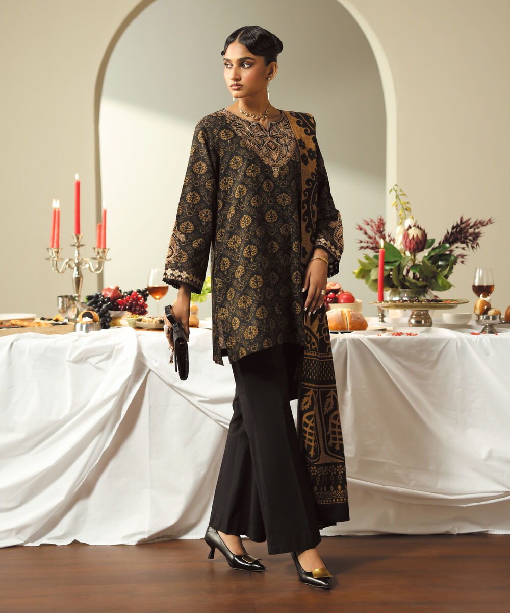 Women's RTW Cotton Embroidered Black A-Line Shirt