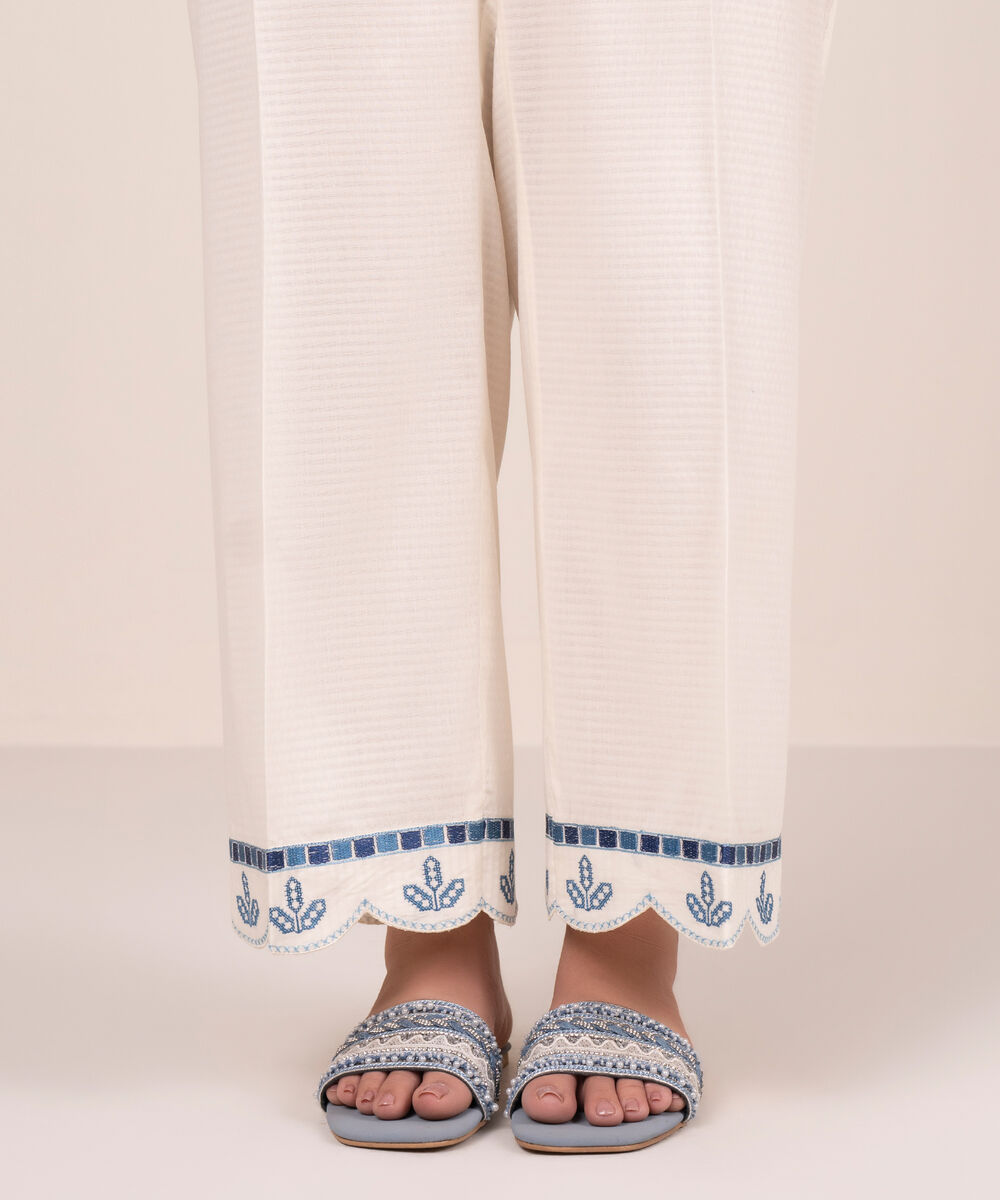 Women's RTW Dobby Embroidered Off White Culottes