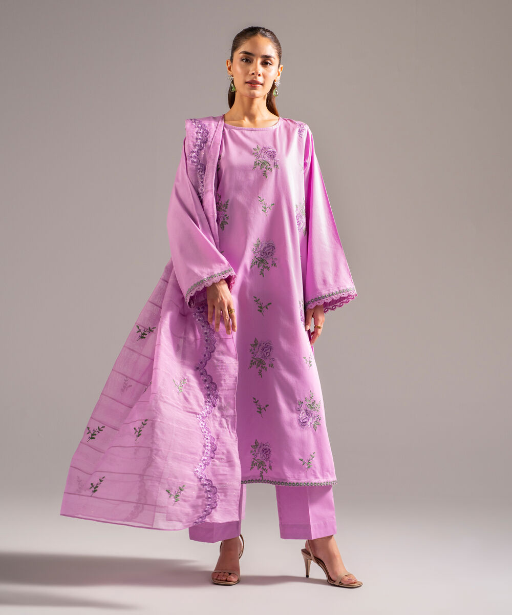 Women's RTW Cotton Satin Embroidered Lavender 3 Piece Suit