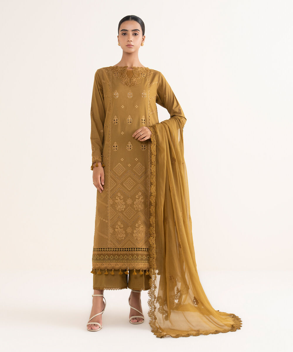 Women's Unstitched Lawn Embroidered Brown 3 Piece Suit