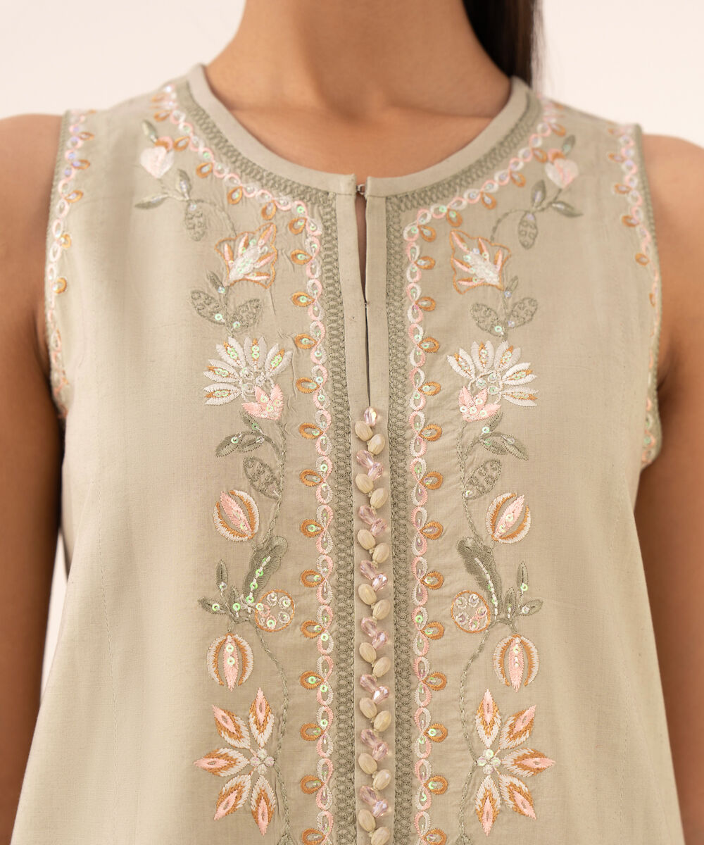 Women's Unstitched Cotton Viscose Embroidered Beige 3 Piece Suit