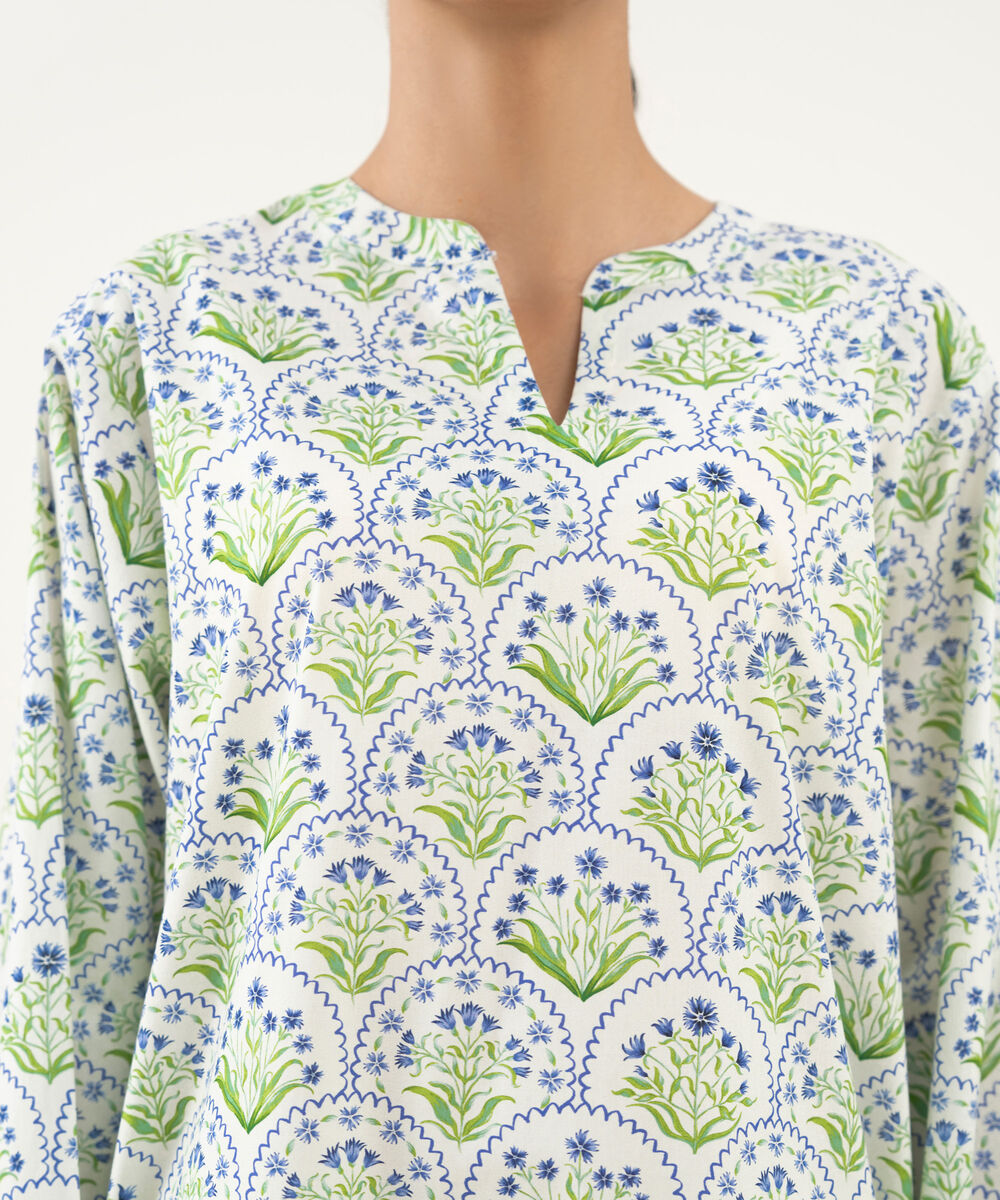 Women's RTW Cambric Printed Mint Green Straight Shirt
