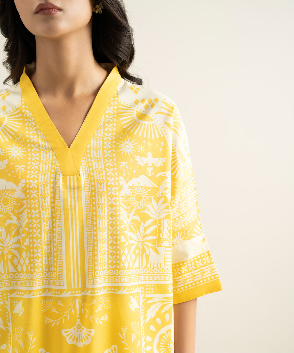 Women's RTW Cotton Viscose Printed Yellow Drop Shoulder Shirt