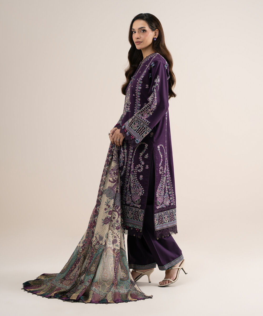 Women's Unstitched Embroidered Fine Cotton Satin Purple 3 Piece Suit
