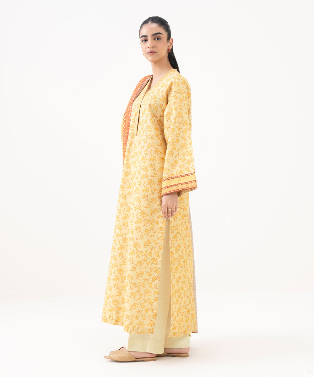 Women's Unstitched Cotton Printed Yellow 2 Piece Suit