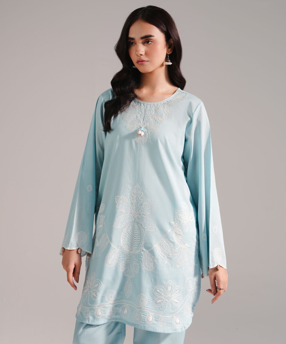 Women's RTW Crosshatch Embroidered Ice Blue Straight Shirt