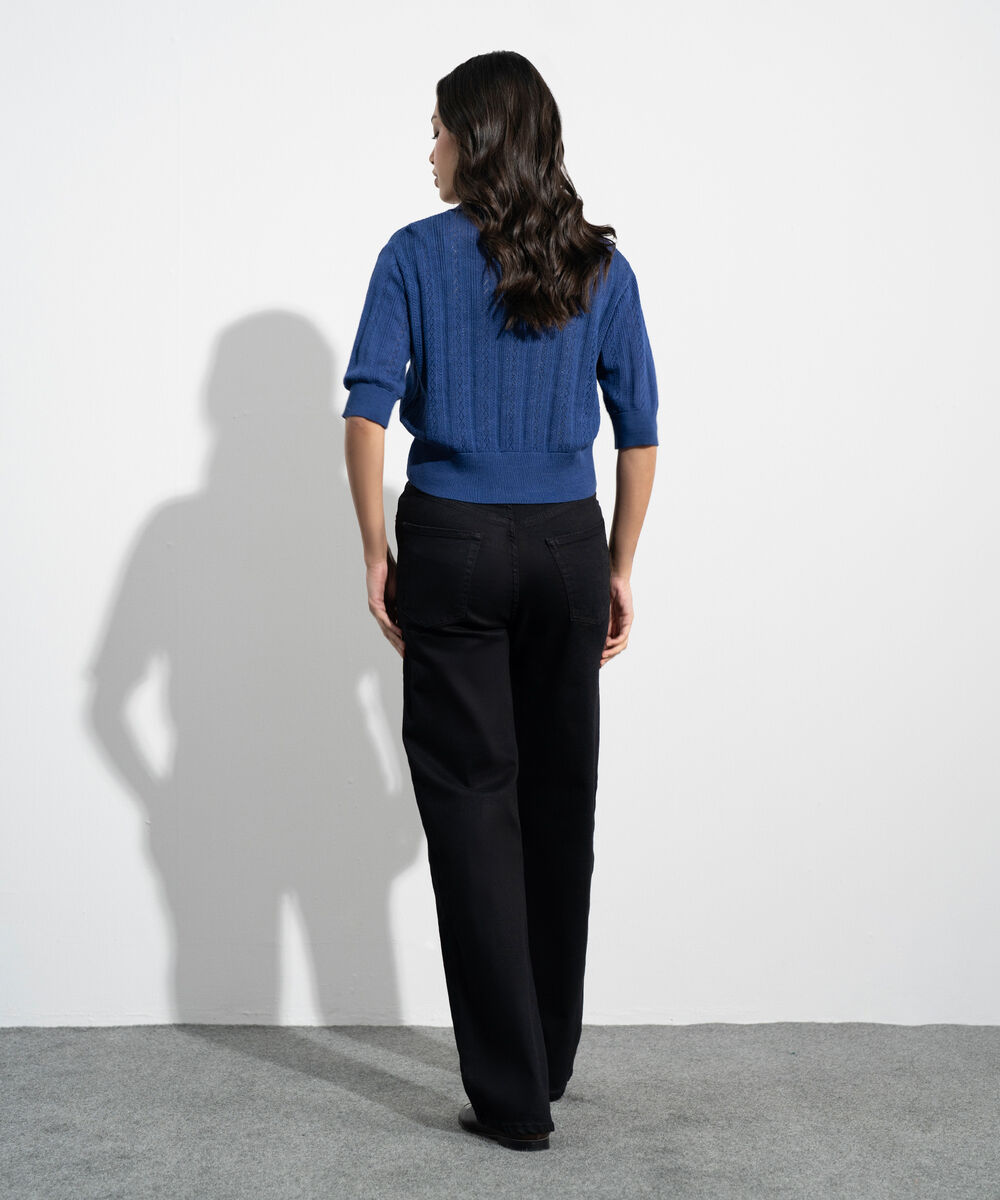 Women's Western Navy Pointelle Summer Knit Polo Top