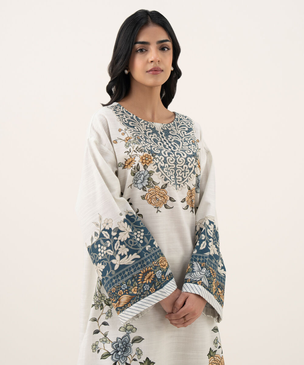 Women's RTW Khaddar Printed A-Line White Shirt