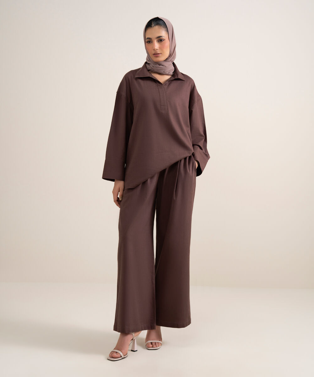 Women's Plumish Brown Loose Fit Pleated Pants