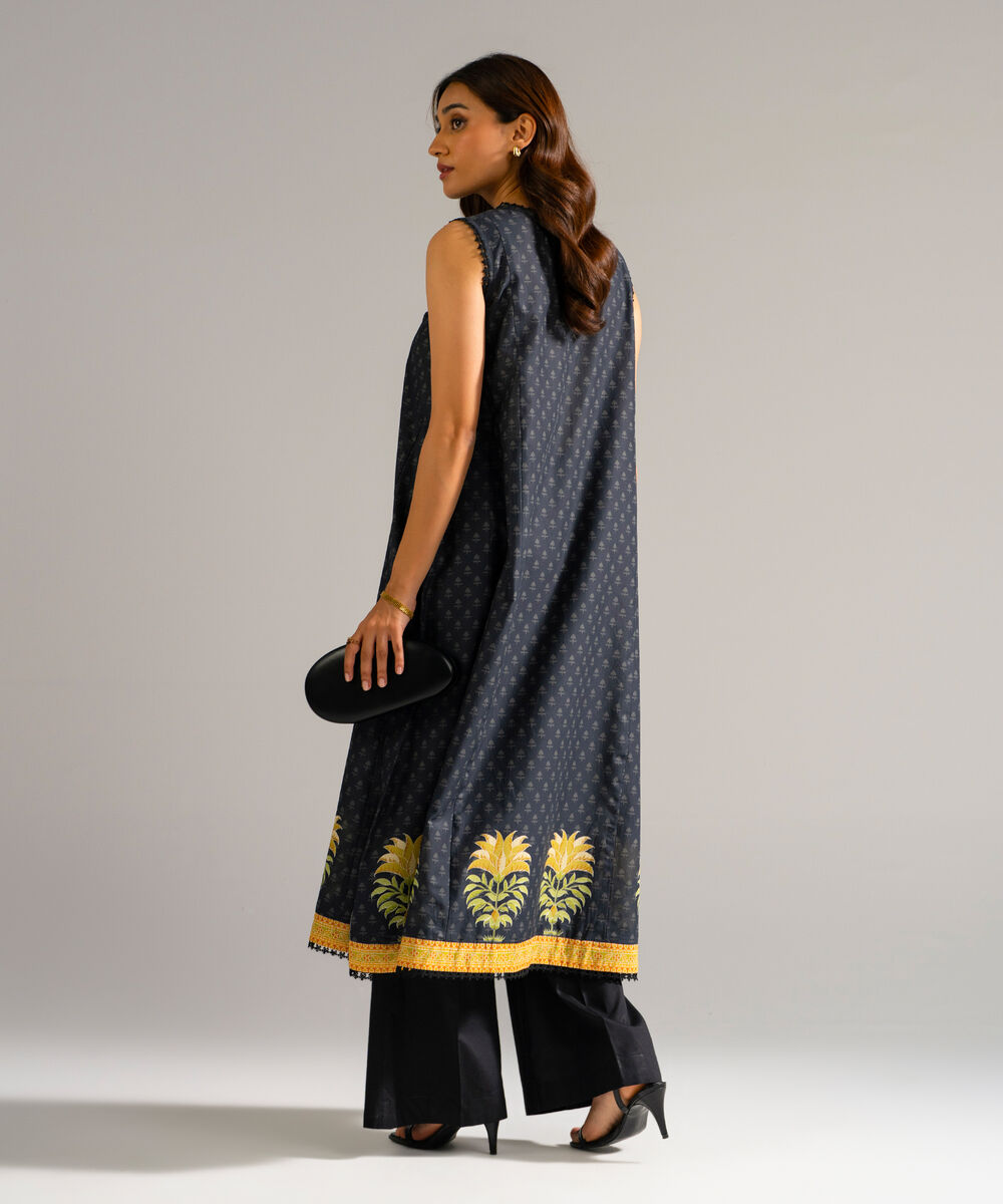 Women's RTW Slub Lawn Printed Black Flared Shirt