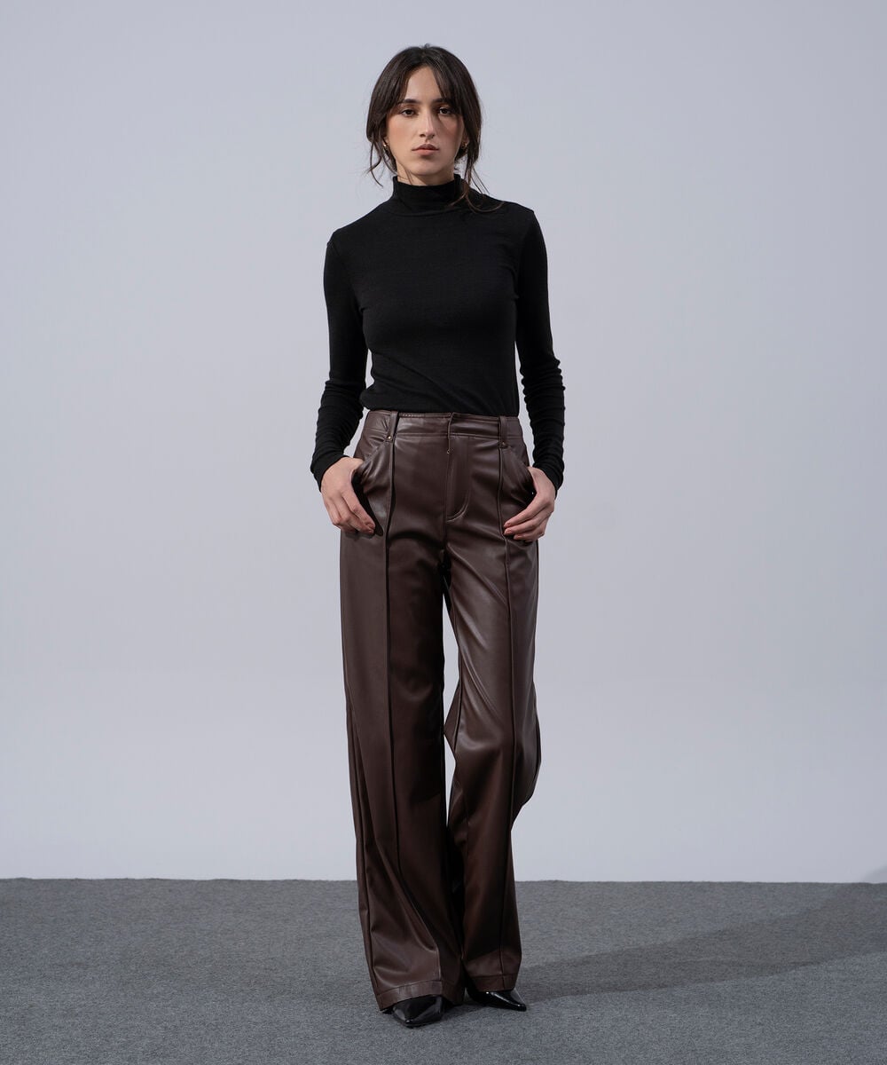 Women's Western Wear Brown Polyester Faux-Leather Straight Fit Trousers
