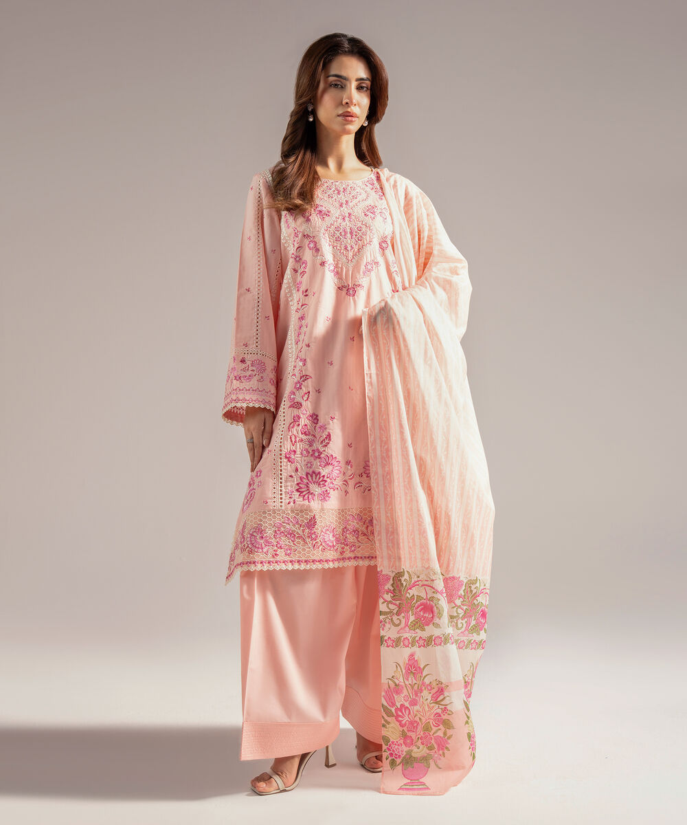 Women's RTW Textured Cotton Embroidered Pink 3 Piece Suit