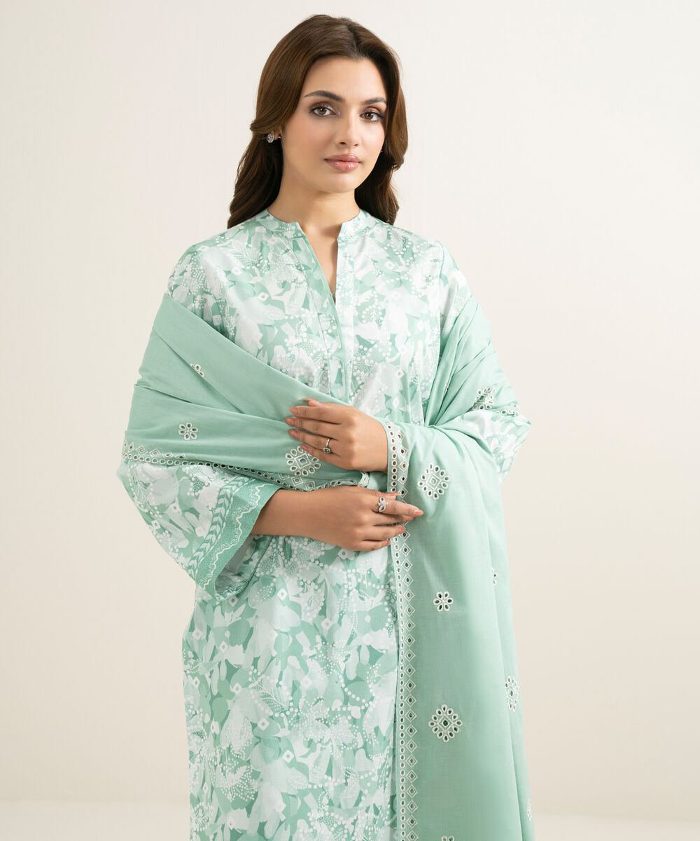 Women's Unstitched Lawn Printed Green 3 Piece Suit